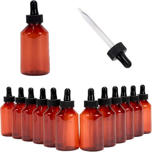 2oz Empty Plastic Dropper Bottle, 12 Pack, Amber Bottle, Black Dropper, 60mL, for Medication, Essential Oils, Chemicals, Perfumes & Colognes in Kuwait
