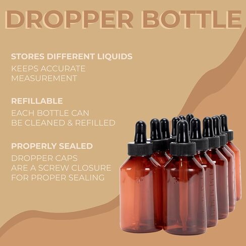 2oz Empty Plastic Dropper Bottle, 12 Pack, Amber Bottle, Black Dropper, 60mL, for Medication, Essential Oils, Chemicals, Perfumes & Colognes in Kuwait