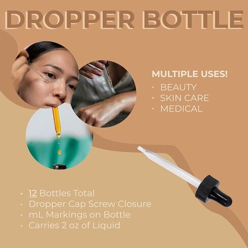 2oz Empty Plastic Dropper Bottle, 12 Pack, Amber Bottle, Black Dropper, 60mL, for Medication, Essential Oils, Chemicals, Perfumes & Colognes in Kuwait