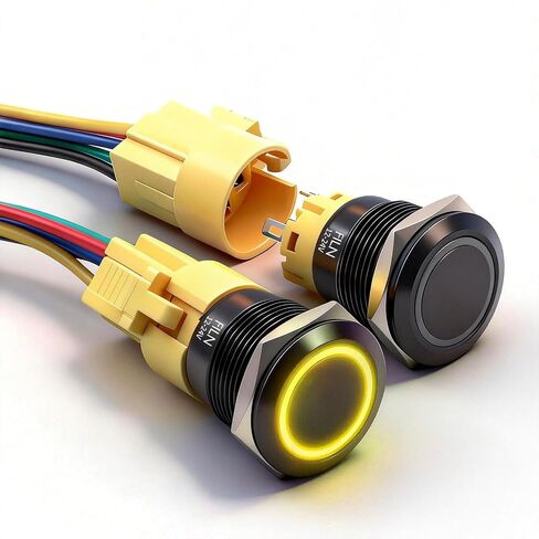 2PCS 19mm Latching Push Button Switch (ON/Off), Black Plated with 185 Symbols & Pre-Wired Harness, IP65 Waterproof, 12V/24V 5A for Car Marine Boat Motorcycle DIY (Red LED Light) in Kuwait