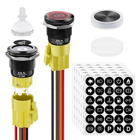 2PCS 19mm Latching Push Button Switch (ON/Off), Black Plated with 185 Symbols & Pre-Wired Harness, IP65 Waterproof, 12V/24V 5A for Car Marine Boat Motorcycle DIY (Red LED Light) in Kuwait