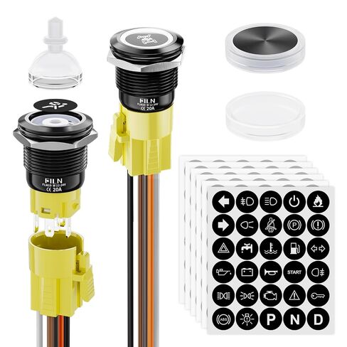 2PCS 19mm Latching Push Button Switch (ON/Off), Black Plated with 185 Symbols & Pre-Wired Harness, IP65 Waterproof, 12V/24V 5A for Car Marine Boat Motorcycle DIY (Red LED Light) in Kuwait
