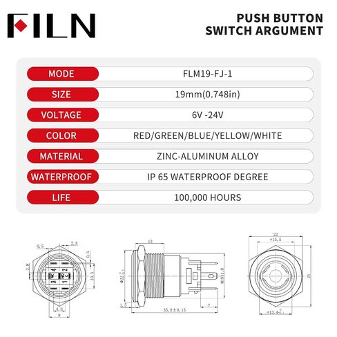 2PCS 19mm Latching Push Button Switch (ON/Off), Black Plated with 185 Symbols & Pre-Wired Harness, IP65 Waterproof, 12V/24V 5A for Car Marine Boat Motorcycle DIY (Red LED Light) in Kuwait