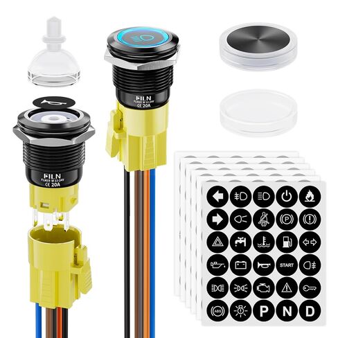 2PCS 19mm Latching Push Button Switch (ON/Off), Black Plated with 185 Symbols & Pre-Wired Harness, IP65 Waterproof, 12V/24V 5A for Car Marine Boat Motorcycle DIY (Red LED Light) in Kuwait