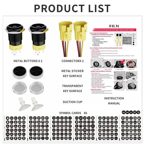 2PCS 19mm Latching Push Button Switch (ON/Off), Black Plated with 185 Symbols & Pre-Wired Harness, IP65 Waterproof, 12V/24V 5A for Car Marine Boat Motorcycle DIY (Red LED Light) in Kuwait