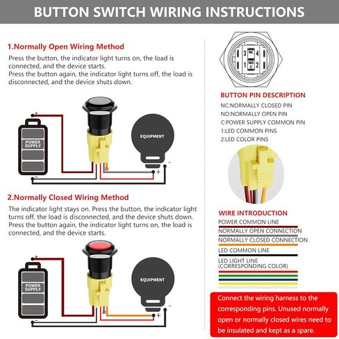 2PCS 19mm Latching Push Button Switch (ON/Off), Black Plated with 185 Symbols & Pre-Wired Harness, IP65 Waterproof, 12V/24V 5A for Car Marine Boat Motorcycle DIY (Red LED Light) in Kuwait