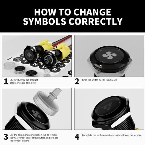 2PCS 19mm Latching Push Button Switch (ON/Off), Black Plated with 185 Symbols & Pre-Wired Harness, IP65 Waterproof, 12V/24V 5A for Car Marine Boat Motorcycle DIY (Red LED Light) in Kuwait