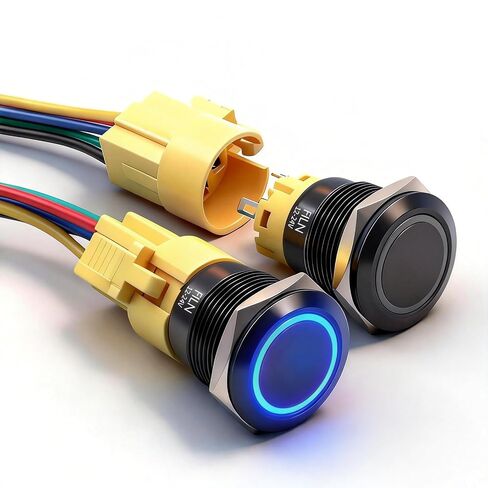 2PCS 19mm Latching Push Button Switch (ON/Off), Black Plated with 185 Symbols & Pre-Wired Harness, IP65 Waterproof, 12V/24V 5A for Car Marine Boat Motorcycle DIY (Red LED Light) in Kuwait