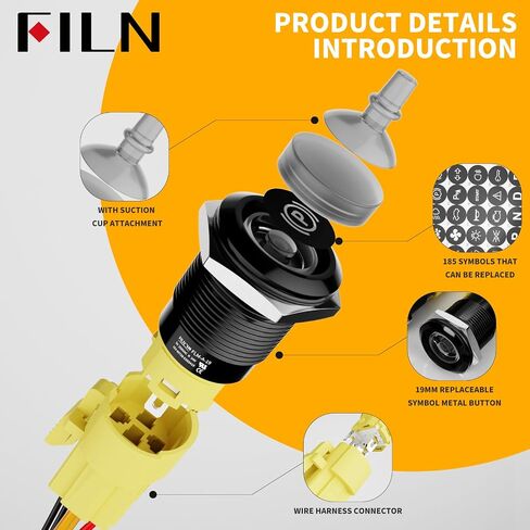 2PCS 19mm Latching Push Button Switch (ON/Off), Black Plated with 185 Symbols & Pre-Wired Harness, IP65 Waterproof, 12V/24V 5A for Car Marine Boat Motorcycle DIY (Red LED Light) in Kuwait
