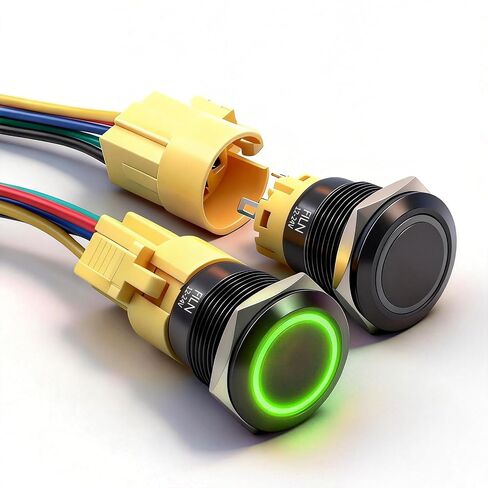 2PCS 19mm Latching Push Button Switch (ON/Off), Black Plated with 185 Symbols & Pre-Wired Harness, IP65 Waterproof, 12V/24V 5A for Car Marine Boat Motorcycle DIY (Red LED Light) in Kuwait