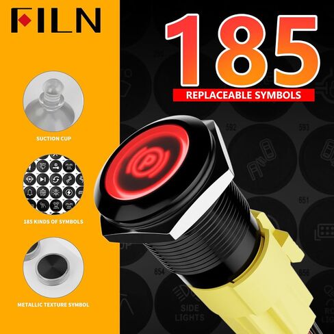 2PCS 19mm Latching Push Button Switch (ON/Off), Black Plated with 185 Symbols & Pre-Wired Harness, IP65 Waterproof, 12V/24V 5A for Car Marine Boat Motorcycle DIY (Red LED Light) in Kuwait
