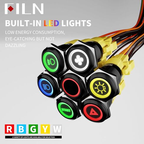 2PCS 19mm Latching Push Button Switch (ON/Off), Black Plated with 185 Symbols & Pre-Wired Harness, IP65 Waterproof, 12V/24V 5A for Car Marine Boat Motorcycle DIY (Red LED Light) in Kuwait