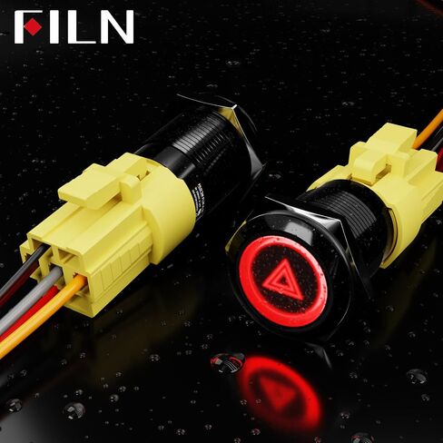 2PCS 19mm Latching Push Button Switch (ON/Off), Black Plated with 185 Symbols & Pre-Wired Harness, IP65 Waterproof, 12V/24V 5A for Car Marine Boat Motorcycle DIY (Red LED Light) in Kuwait