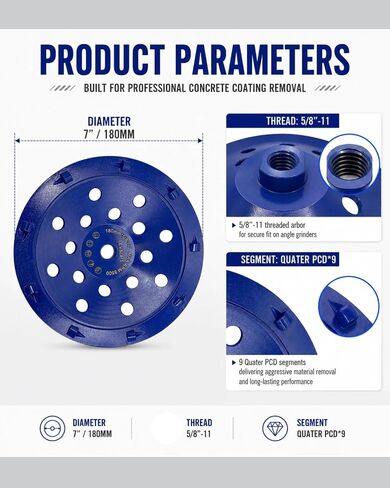 PCD Cup Wheel for Concrete Floor Surface Coating and Urethane, Epoxy Removal, 7-Inch 9 Quarter-Segment, 5/8"-11 Threaded Diamond Grinding Disc in Kuwait