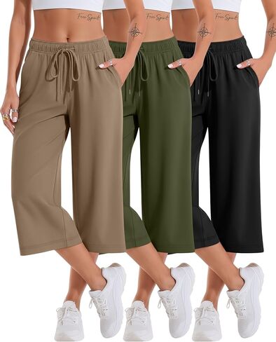 Xaatren 3 Pack Women's Capri Pants Wide Leg Drawstring Comfy Lounge Yoga Pants Loose Casual Cropped Sweatpants with Pockets in Kuwait