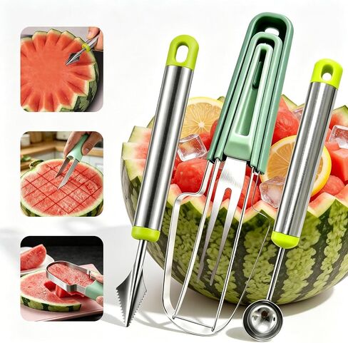 Watermelon Slicer, Stainless Steel Watermelon Popsicle Cutter Mold | Watermelon Cutter Slicer Tool 3-Piece Set, Ergonomic Handle and Sharp Cutter, Fruit Cutter for Home Kitchen Picnic BBQ in Kuwait