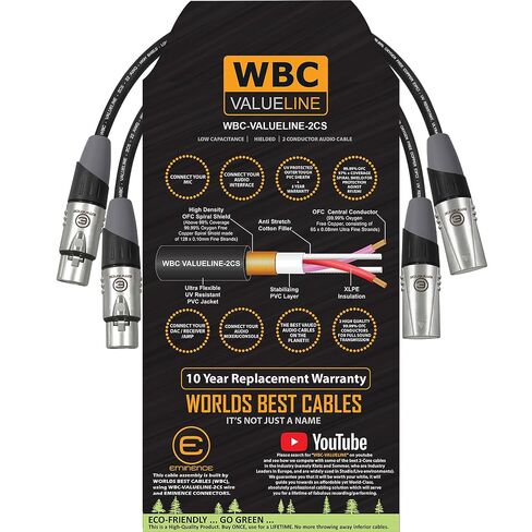 WBC-VALUELINE-2CS (22 AWG) - وحدتان - ميكروفون مرن متوازن ومحمي بقدرة منخفضة 1 قدم، ومكبر صوت نشط وكابلات توصيل مع موصلات Eminence Gold XLR in Kuwait