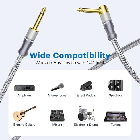 90 Degree 6.35mm TS Instrument Cable 10ft/3M, 1/4 Inch Right Angle Mono Guitar Cable, Gold-Plated Nylon Braided Cord for Electric Guitar, Bass, Amp, Mixer, Pedalboard - Grey in Kuwait