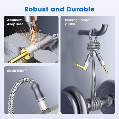 90 Degree 6.35mm TS Instrument Cable 10ft/3M, 1/4 Inch Right Angle Mono Guitar Cable, Gold-Plated Nylon Braided Cord for Electric Guitar, Bass, Amp, Mixer, Pedalboard - Grey in Kuwait