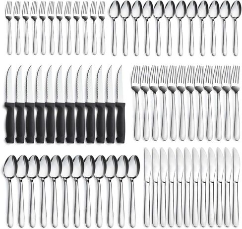 Pleafind 72-Pieces Silverware Set for 12, Flatware Set with Steak Knives, Stainless Steel Cutlery Set, Include Forks Spoons and Knives Set, Dishwasher Safe Utensil Sets for Home Restaurant in Kuwait