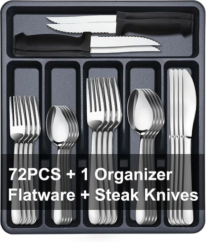 Pleafind 72-Pieces Silverware Set for 12, Flatware Set with Steak Knives, Stainless Steel Cutlery Set, Include Forks Spoons and Knives Set, Dishwasher Safe Utensil Sets for Home Restaurant in Kuwait