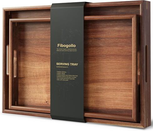 Fibogollo Set of 2 Acacia Wood Serving Tray with Handles,Decorative Trays Platter,Breakfast Tray in Bed,Food Drinks Tray for Eating,Working,Storing(Brown) in Kuwait