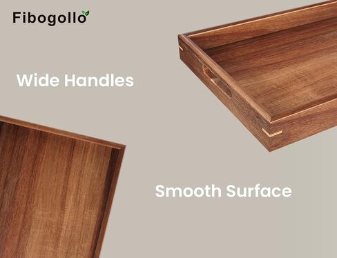 Fibogollo Set of 2 Acacia Wood Serving Tray with Handles,Decorative Trays Platter,Breakfast Tray in Bed,Food Drinks Tray for Eating,Working,Storing(Brown) in Kuwait