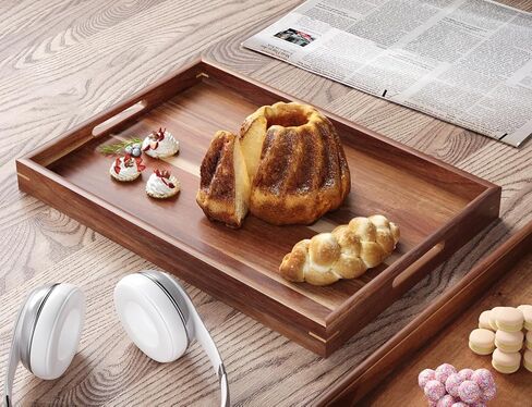 Fibogollo Set of 2 Acacia Wood Serving Tray with Handles,Decorative Trays Platter,Breakfast Tray in Bed,Food Drinks Tray for Eating,Working,Storing(Brown) in Kuwait