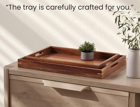 Fibogollo Set of 2 Acacia Wood Serving Tray with Handles,Decorative Trays Platter,Breakfast Tray in Bed,Food Drinks Tray for Eating,Working,Storing(Brown) in Kuwait