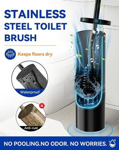 Dowry Toilet Bowl Brush and Holder for Bathroom, Deep Cleaning Toilet Brush and Holder Set with Long Handle, Hidden Toilet Bowl Scrubber with Replaceable Head,Modern Decor Black Round in Kuwait