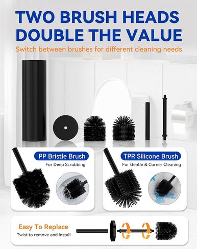 Dowry Toilet Bowl Brush and Holder for Bathroom, Deep Cleaning Toilet Brush and Holder Set with Long Handle, Hidden Toilet Bowl Scrubber with Replaceable Head,Modern Decor Black Round in Kuwait