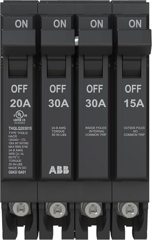 ABB Q-Line® THQLQ203015 Quad Circuit Breaker • 20A/1P, 30A/2P, 15A/1P Configuration • 120/240 VAC • 10 kAIC Interrupt Rating • Thermal Magnetic Plug-On Breaker for Load Centers in Kuwait