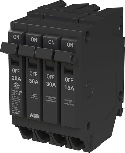 ABB Q-Line® THQLQ203015 Quad Circuit Breaker • 20A/1P, 30A/2P, 15A/1P Configuration • 120/240 VAC • 10 kAIC Interrupt Rating • Thermal Magnetic Plug-On Breaker for Load Centers in Kuwait