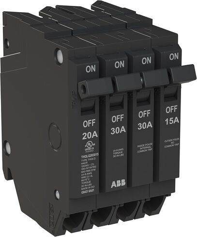 ABB Q-Line® THQLQ203015 Quad Circuit Breaker • 20A/1P, 30A/2P, 15A/1P Configuration • 120/240 VAC • 10 kAIC Interrupt Rating • Thermal Magnetic Plug-On Breaker for Load Centers in Kuwait