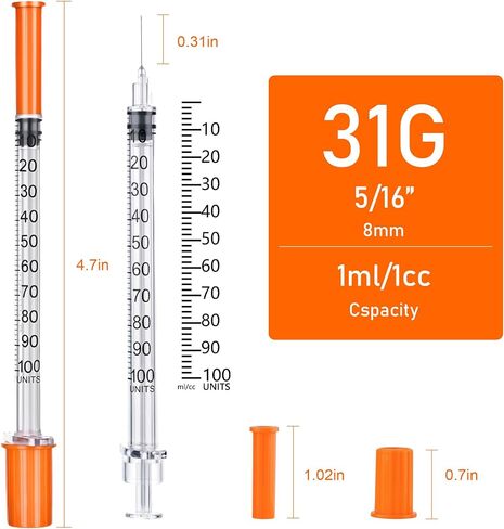 1mL Syringe 31G 5/16" (8mm), U-100 Disposable Syringes for Industrial, Science Lab and Experiments Using, Individual Package Pack of 100 in Kuwait