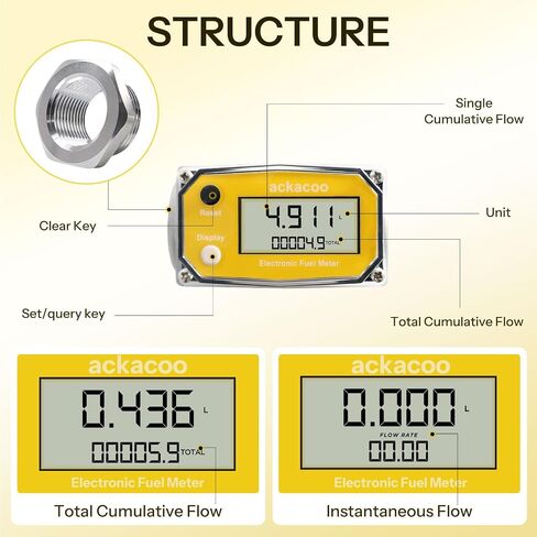 1 بوصة مقياس تدفق الوقود التوربيني الرقمي 2.6-26 GPM مع 3/4 محولات NPT الألومنيوم تعمل ببطارية LCD مقياس تدفق المياه لزيت ماء البنزين الديزل - يقيس جالون، QTS، PTS، L، m³ in Kuwait
