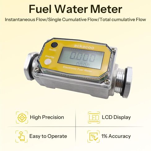 1 بوصة مقياس تدفق الوقود التوربيني الرقمي 2.6-26 GPM مع 3/4 محولات NPT الألومنيوم تعمل ببطارية LCD مقياس تدفق المياه لزيت ماء البنزين الديزل - يقيس جالون، QTS، PTS، L، m³ in Kuwait