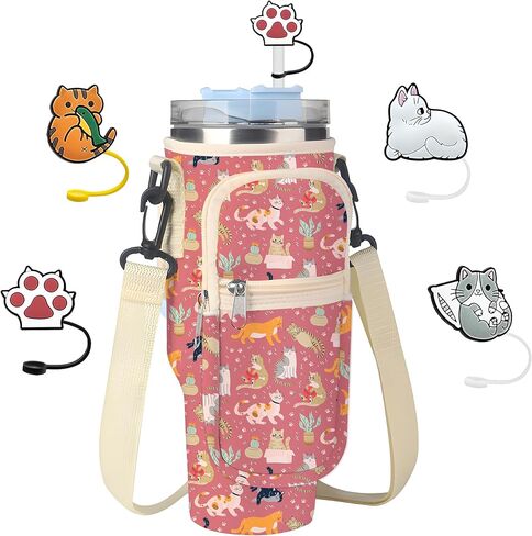 Cup Bag with Pockets, Cute Animals Cup Holder for 30oz/40oz Tumbler with Handle,Carrier Bag with 4Pcs Straw Covers in Kuwait