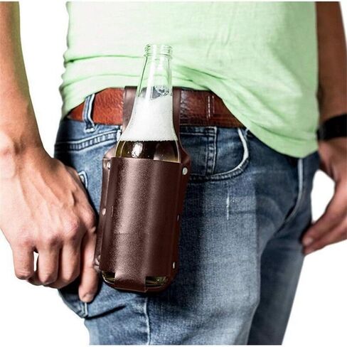 Drink Belt Holder Faux Leather Beer Holster Hands-Free Water Bottle Waist Bag Can Cooler Belt Pouch Cowboy Beverage Holder for Barbecue Camping Beach Hiking Fishing Gardening in Kuwait