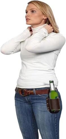 Drink Belt Holder Faux Leather Beer Holster Hands-Free Water Bottle Waist Bag Can Cooler Belt Pouch Cowboy Beverage Holder for Barbecue Camping Beach Hiking Fishing Gardening in Kuwait