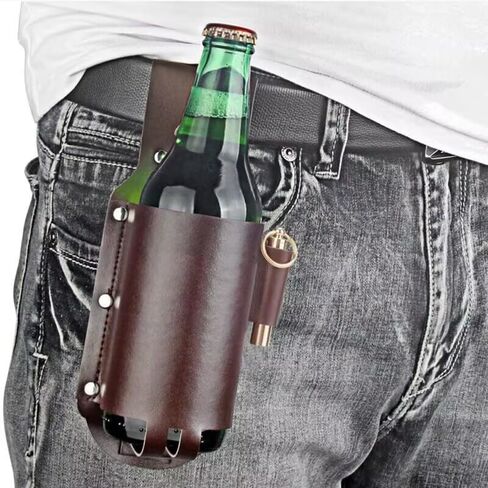Drink Belt Holder Faux Leather Beer Holster Hands-Free Water Bottle Waist Bag Can Cooler Belt Pouch Cowboy Beverage Holder for Barbecue Camping Beach Hiking Fishing Gardening in Kuwait