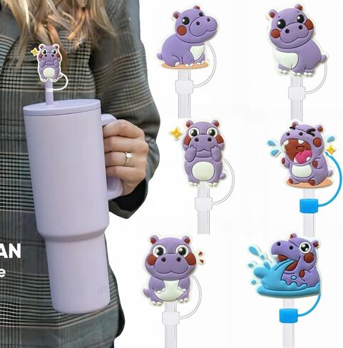 6PCS Cute Hippo Silicone Straw Toppers, 10mm Diameter Straw Tip Straw Topper, Covers Are Perfect for Your Cup Collection in Kuwait