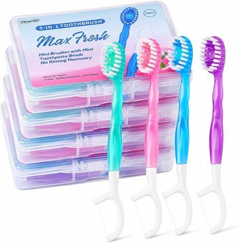 40 Pack Mini Disposable Toothbrushes, 5 in 1 Individually Wrapped Travel Toothbrush Set with Floss, No Water Needed, Portable Oral Care for Work, Travel & After Meals (Mixed Colors) in Kuwait
