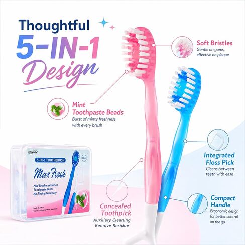 40 Pack Mini Disposable Toothbrushes, 5 in 1 Individually Wrapped Travel Toothbrush Set with Floss, No Water Needed, Portable Oral Care for Work, Travel & After Meals (Mixed Colors) in Kuwait