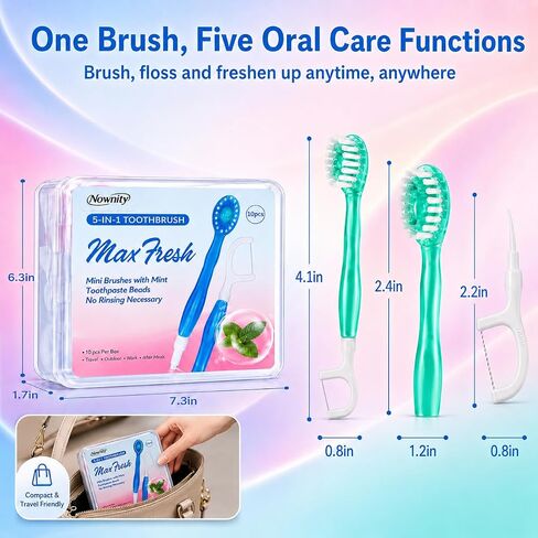 40 Pack Mini Disposable Toothbrushes, 5 in 1 Individually Wrapped Travel Toothbrush Set with Floss, No Water Needed, Portable Oral Care for Work, Travel & After Meals (Mixed Colors) in Kuwait