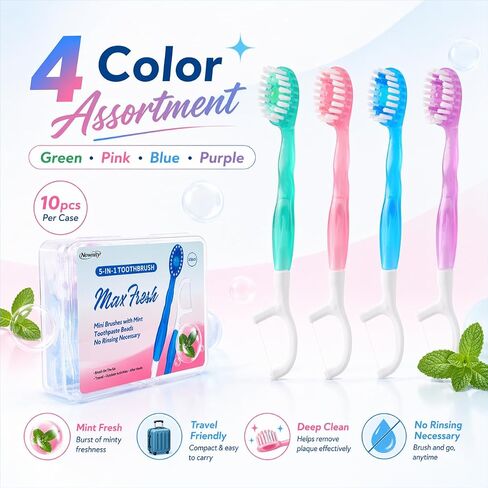 40 Pack Mini Disposable Toothbrushes, 5 in 1 Individually Wrapped Travel Toothbrush Set with Floss, No Water Needed, Portable Oral Care for Work, Travel & After Meals (Mixed Colors) in Kuwait