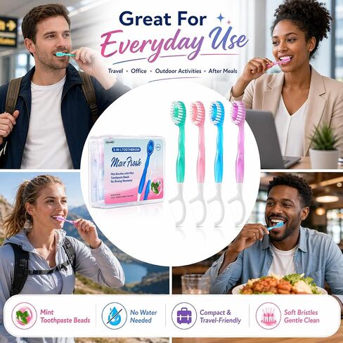 40 Pack Mini Disposable Toothbrushes, 5 in 1 Individually Wrapped Travel Toothbrush Set with Floss, No Water Needed, Portable Oral Care for Work, Travel & After Meals (Mixed Colors) in Kuwait