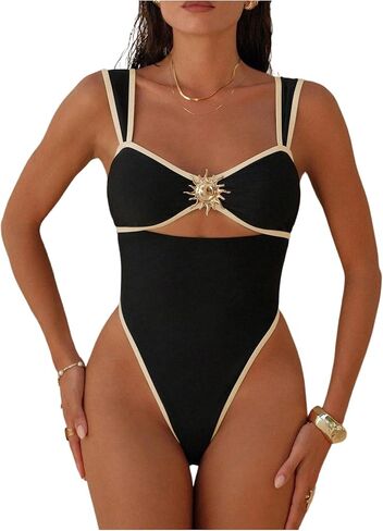 SHENHE Women's One Piece Cutout Swimsuit Tummy Control High Waist High Cut Metal Bathing Suit in Kuwait