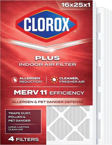 فلتر هواء كلوروكس 16 × 25 × 1، مرشحات هواء فرن HVAC مطوية من MERV 13 للحساسية ووبر الحيوانات الأليفة والدخان والمزيد، MPR 1500 وFPR 10 - عبوة من 4 قطع in Kuwait