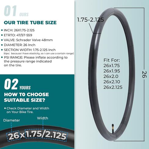 2 Pcs,Premium 26X1.75/1.90/1.95/2.0/2.10/2.125 Bike Tubes,Compatible for 26x1.75 to 2.125 Bike Tire,with 48mm Schrader Valve,Butyl Rubber,Used for Mountain,Cruiser,City and Road Bikes in Kuwait